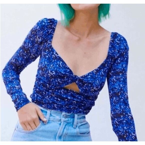 NWT Urban Outfitters Juliana Ruched Crop Peekaboo Stretch Blue Black Size Small - Picture 1 of 12